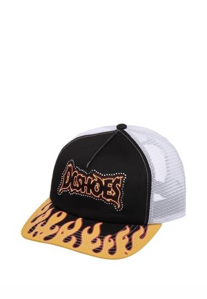 Schwarz-weiße Mesh-Trucker-Cap mit dem Text "Los Angeles", der von Flammen umrandet ist, und einem Flammendesign auf der gelben Krempe.