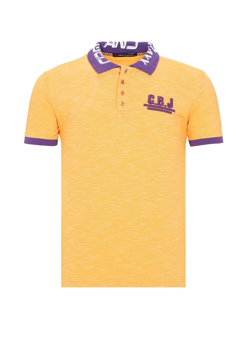 Korte mouwen polo shirt in oranje met een gestructureerde afwerking, voorzien van een paarse kraag en manchetten, een drie-knoopsluiting en geborduurd logo-detail.