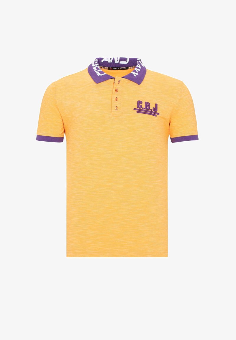 Kurzärmliges Polohemd in Orange mit strukturiertem Finish, featuring einen lila Kragen und Ärmelbündchen, eine Dreiknopf-Leiste und gesticktes Logo-Detail.