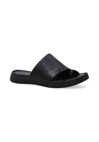 Sorte lædersandal med åben tå og krydsrem-design. Har en struktureret sort gummisål for bedre greb og komfort.