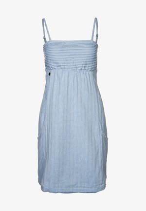 Hellblaues ärmelloses Sommerkleid mit dünnen, verstellbaren Trägern, gerafftem Oberteil, elastischer Taille und Seitentaschen.