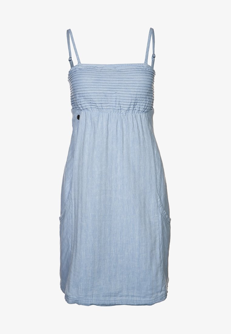 Robe d'été sans manches bleu clair avec fines bretelles réglables, corsage froncé, taille élastique et poches latérales.