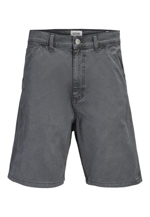 Szare casualowe szorty męskie z pętlami na pasek, frontowym zapięciem na guziki i bocznymi kieszeniami, marki Jack & Jones.