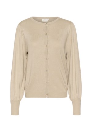 Cardigan beige avec de longues manches bulle, un col rond et une fermeture à boutons sur le devant. Fabriqué en tissu doux et texturé.