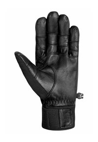 Black leather glove with a textured surface, padded knuckles, reinforced thumb, and a tight wrist closure featuring adjustable strap.