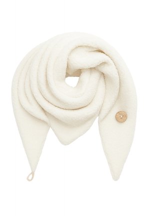 White fleece scarf in a triangular design, featuring a textured surface and a wooden button accent on one side.