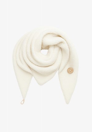 Weißer Fleece-Schal in dreieckigem Design, mit strukturierter Oberfläche und einem Holzknopf-Akzent auf einer Seite.