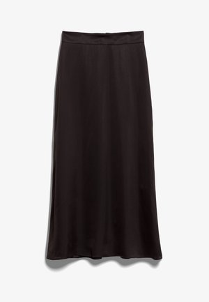 Jupe midi en satin noir avec une texture lisse, une coupe droite et une taille. Aucune motif ou détail de matériel visible.
