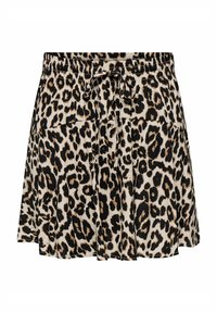 Leopardprint rok met een zwarte elastische tailleband, trekkoordsluiting en een uitlopend ontwerp, gemaakt van een lichte, gladde stof.