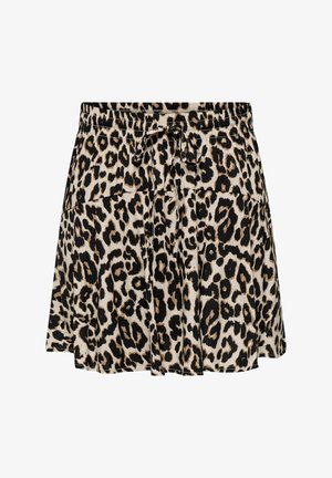 Φούστα λεοπάρ με μαύρη ελαστική μέση, κλείσιμο με δεσίματα και φουσκωτό σχέδιο, φτιαγμένη από ελαφρύ, λεία ύφασμα.