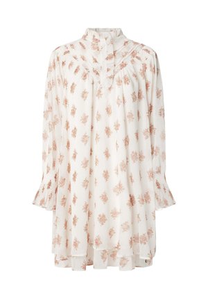Blouse blanche avec un motif floral en rose et orange. Avec un col haut, des manches longues et des détails plissés. Tissu léger.