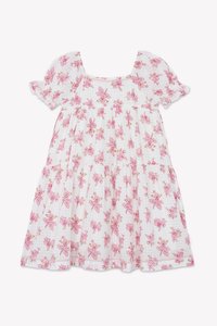 White cotton dress with puffed short sleeves, square neckline, and a flared skirt. It features pink floral patterns throughout.