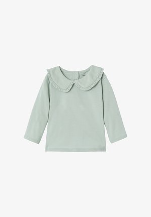 Light green long-sleeve toddler shirt with a wide Peter Pan collar featuring subtle ruffle trim and a snap button closure at the back.