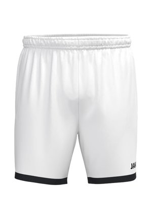 Weiße athletische Shorts mit elastischem Bund und schwarzer Umrandung an den Beinöffnungen, entwickelt für Sport oder Freizeitkleidung.