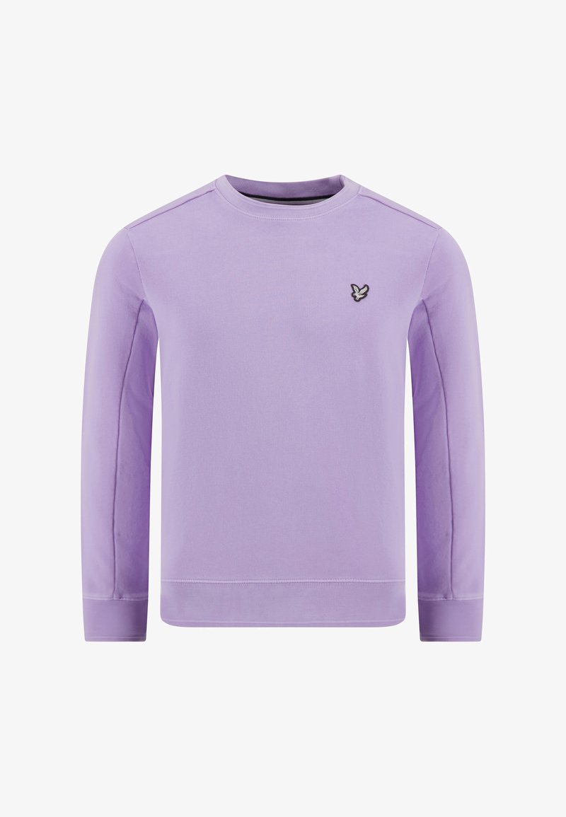Sweat-shirt violet clair, manches longues, col rond, avec un petit logo brodé sur la poitrine. Tissu doux, poignets et ourlet côtelés.