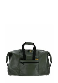 Bolsa de deporte impermeable verde, con asas negras, un bolsillo frontal con cremallera y una textura suave y brillante. Diseño grande y espacioso.