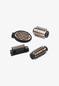 Quattro spazzole per capelli con manici in plastica nera e dettagli in oro rose, dotate di diverse trame e forme delle setole per soddisfare varie esigenze di acconciatura.