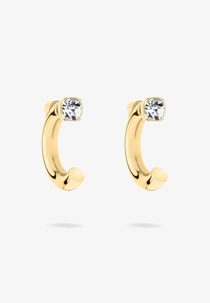 Gyldne hoops øreringe med en blank finish, der har en kvadratisk klar ædelsten som accent for enden af hver hoop.