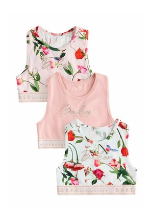 Trei topuri scurte pentru fete, două cu modele florale și păsări și unul roz uni, toate cu brandingul "Baker by Ted Baker".