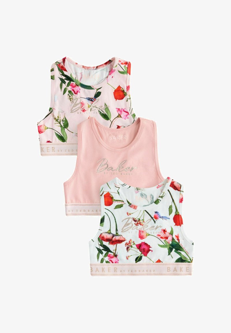 Drei bauchfreie Tanktops für Mädchen, zwei mit Blumen- und Vogelmustern und eines einfarbig rosa, alle mit "Baker by Ted Baker" Branding.