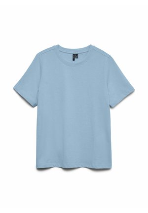 T-shirt à manches courtes bleu clair avec col rond, posé à plat sur un fond blanc, montrant le côté avant avec les étiquettes du col visibles.
