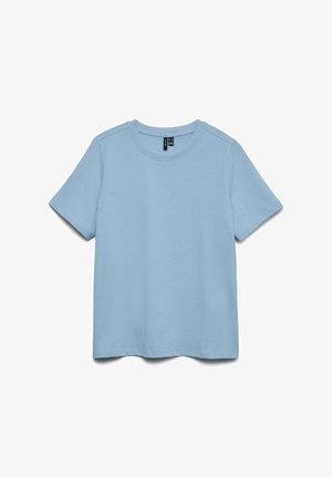 Svetlo modra kratka majica s kratkimi rokavi in okrolim izrezom, položena na ravno belo podlago, prikazana sprednja stran z vidnimi oznakami ovratnika.