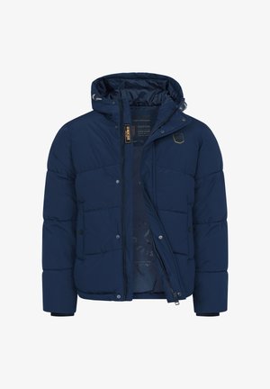 Jachetă căptușită de culoare albastru marin, cu glugă atașată, fermoar frontal, nasturi tip capse și buzunare laterale, parțial deschisă pentru a arăta căptușeala interioară cu brand.