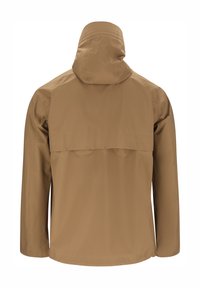 Veste imperméable marron à capuche, vue de dos, avec manches longues et un empiècement aéré sur le haut du dos.