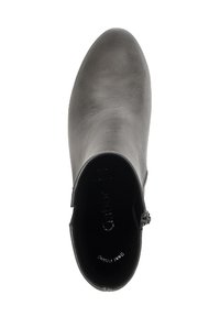 Schwarze Lederknöchelstiefel mit einer runden Zehenpartie, glatter Textur und einem seitlichen Reißverschluss zum Schließen. Verfügt über ein minimalistisches Design.