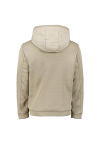 Beige hoodie van een gestructureerde, ribgebreide stof met een gevoerde capuchon. Heeft ribgebreide manchetten en zoom voor een comfortabele pasvorm. Achteraanzicht weergegeven.