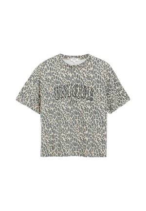 Beiges T-Shirt mit kurzen Ärmeln, dunkelgrauem Leopardenmuster und dem Wort "UNIQUE" in großen Umrissbuchstaben auf der Brust.