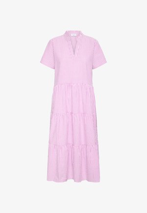 Roze en wit gestreepte jurk met korte mouwen, uitgesneden kraag en gelaagde ruffleontwerp, met een losse pasvorm en lichte stof.