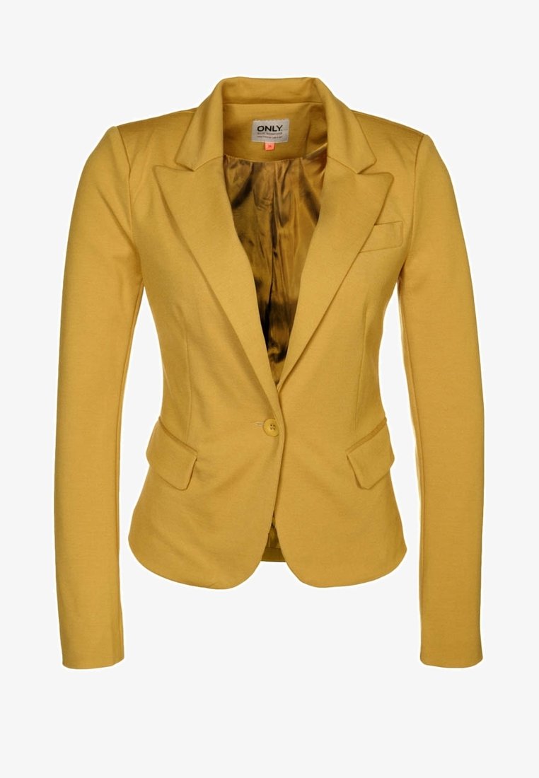 Blazer jaune moutarde pour femme avec col à revers, fermeture à un bouton, deux poches à rabat à l'avant et doublure satinée lisse.