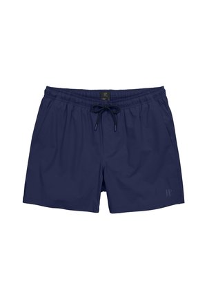 Costume da bagno da uomo blu navy con fascia elasticizzata in vita, coulisse nera, tasche laterali e logo in rilievo discreto sulla gamba sinistra.