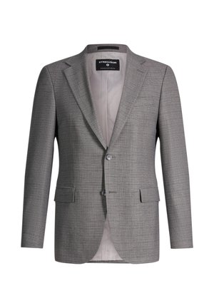 Gray men's single-breasted blazer with notch lapels, two front flap pockets, two buttons, and smooth inner lining.