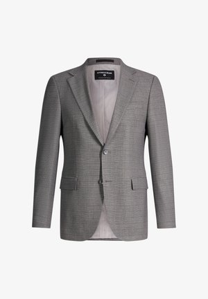 Blazer grigio da uomo monopetto con rever a lancia, due tasche frontali con patta, due bottoni e fodera interna liscia.