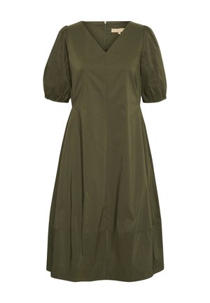 Olivengrünes Kleid mit Puffärmeln, V-Ausschnitt, tailliertem Oberteil und ausgestelltem Rock. Verfügt über einen diskreten Reißverschluss hinten und einen glatten, strukturierten Stoff.