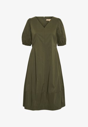 Olijfgroene jurk met pofmouwen, een V-hals, een getailleerde taille en een flared rok. Beschikt over een discrete rits aan de achterkant en een gladde, textuurrijke stof.