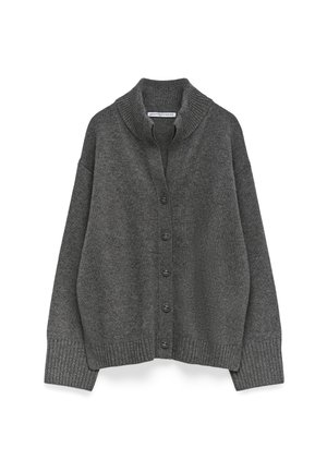 Dunkelgrauer, knöpfbarer Cardigan mit geripptem Kragen, Bündchen und Saum, der einen lässigen Schnitt und abgesenkte Schultern aufweist.