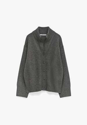 Dark gray button-up cardigan with ribbed collar, cuffs, and hem, featuring a relaxed fit and drop shoulders.