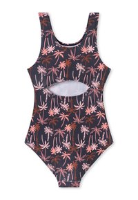 Badebeklædning med en marineblå baggrund og pink og orange palme mønstre. Den har en scoop-udskæring og en udskæring på torsoen.