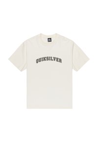 Kræmfarvet bomulds t-shirt med korte ærmer og rund halsudskæring. Beskåret med "QUIKSILVER" logoet i sort, trykt hen over brystet.