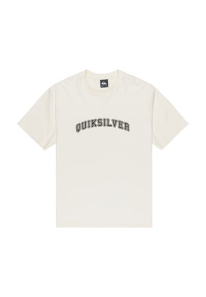 Kremfarget bomull T-skjorte med korte ermer og rund hals. Har "QUIKSILVER" logoen i svart, trykket over brystet.