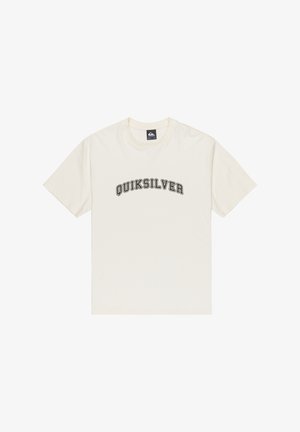 Kremfarget bomull T-skjorte med korte ermer og rund hals. Har "QUIKSILVER" logoen i svart, trykket over brystet.