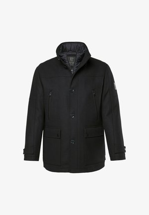 Schwarzer Wintermantel für Männer mit hohem Kragen, Knopf- und Reißverschluss, zwei Brusttaschen mit Reißverschluss, zwei unteren Taschen mit Klappe und Knopfmanschetten.