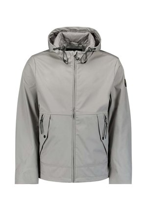 Lichtgrijze waterdichte jas met capuchon, voorrits, twee zipzakken en verstelbare trekkoorden. Glad, slank uiterlijk, minimalistisch ontwerp.