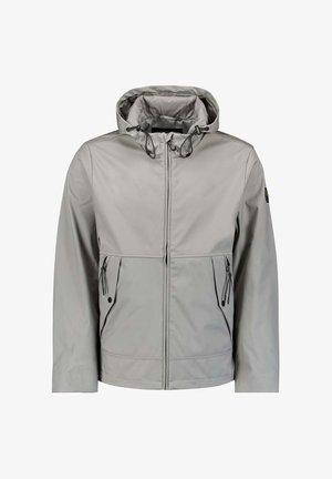 Lichtgrijze waterdichte jas met capuchon, voorrits, twee zipzakken en verstelbare trekkoorden. Glad, slank uiterlijk, minimalistisch ontwerp.