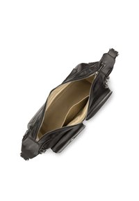 Zwarte lederen handtas met een ritssluiting, met een beige stoffen voering en een ruime binnenkant. Zijkanten zijn voorzien van ritsen en strap hardware.