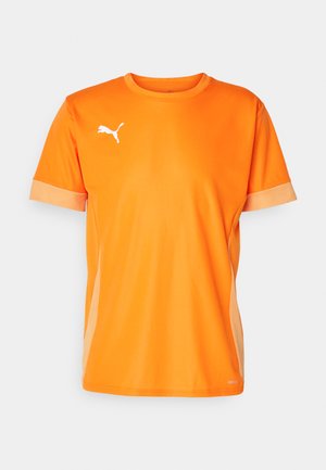 Orange Sportshirt aus leichtem Material. Verfügt über einen einfarbigen Körper, Netzakzente an den Ärmeln und ein weißes Logo auf der Brust.
