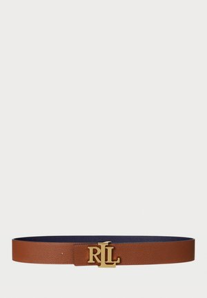 Brown leather belt with a textured finish, featuring a gold-tone RL logo buckle, contrasting navy interior, and a smooth edge design.